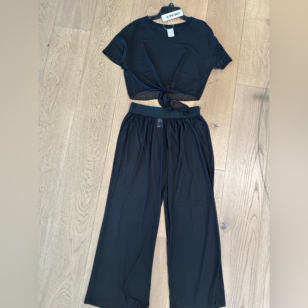 NWT Black Mesh Sheer 2 Piece Swim Coverup Set Size M